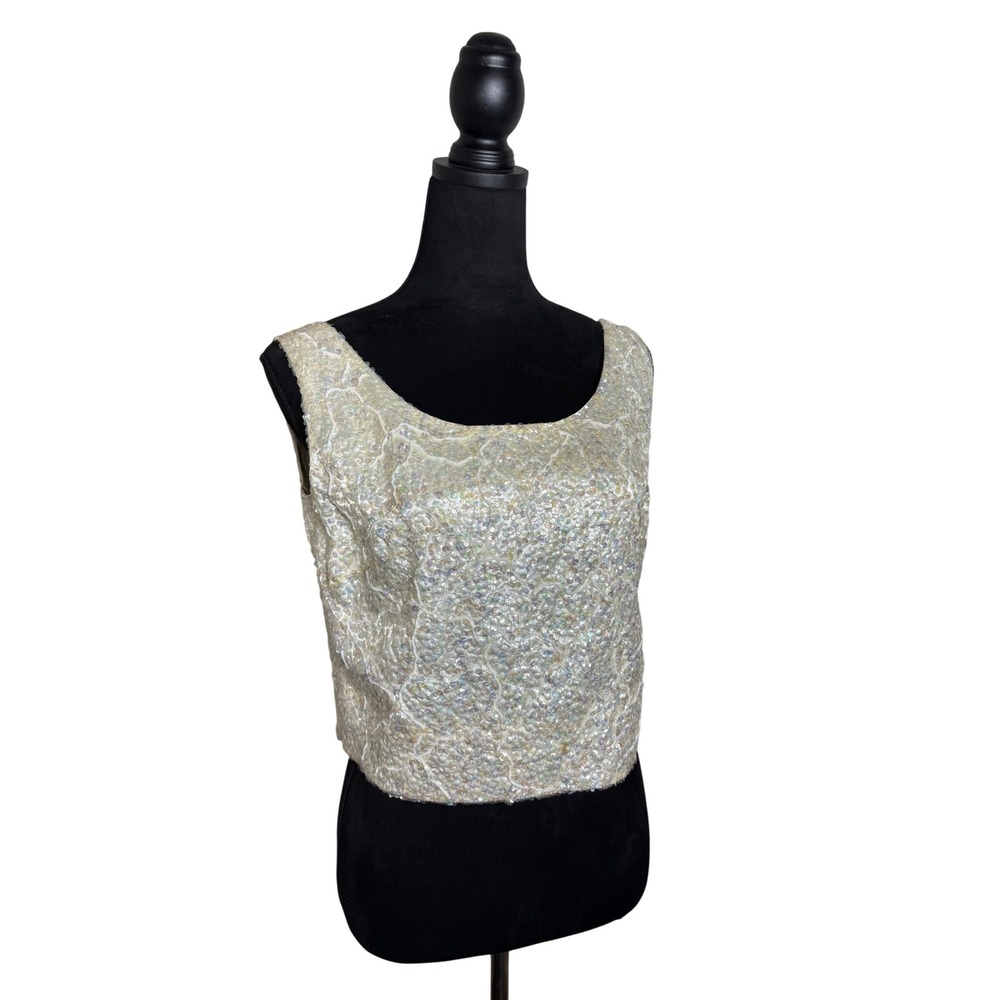 Ming Arts Vintage Iridescent Sequin Beaded‎ Crop Shell Top White Hong Kong MCM